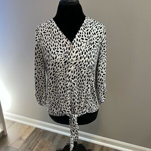 Chico's Navy and White button up Blouse with Notched Collar and tie in front.